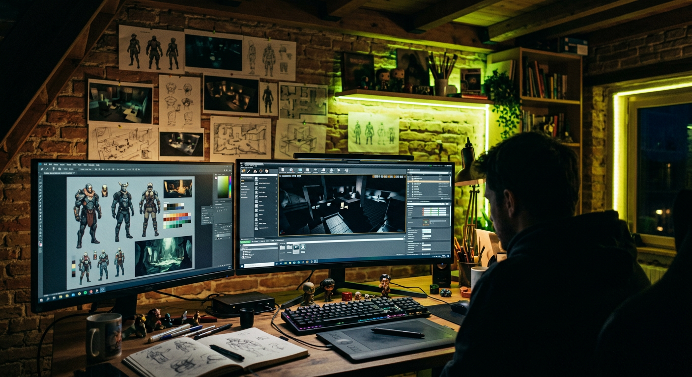 The HXY Studio workspace at night with monitors showing level editors and concept art